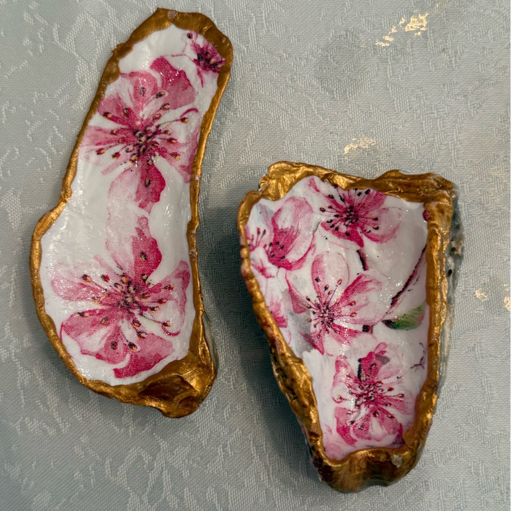 Floral Painted Oyster Shells with Gold Trim